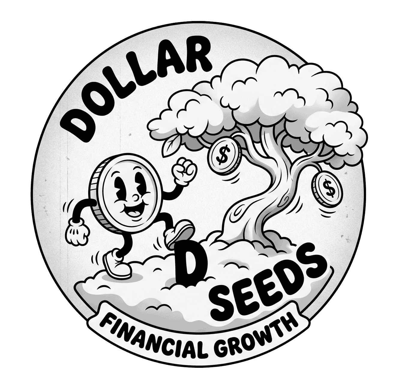 DollarSeeds logo: a cartoon coin walking beside a money tree
