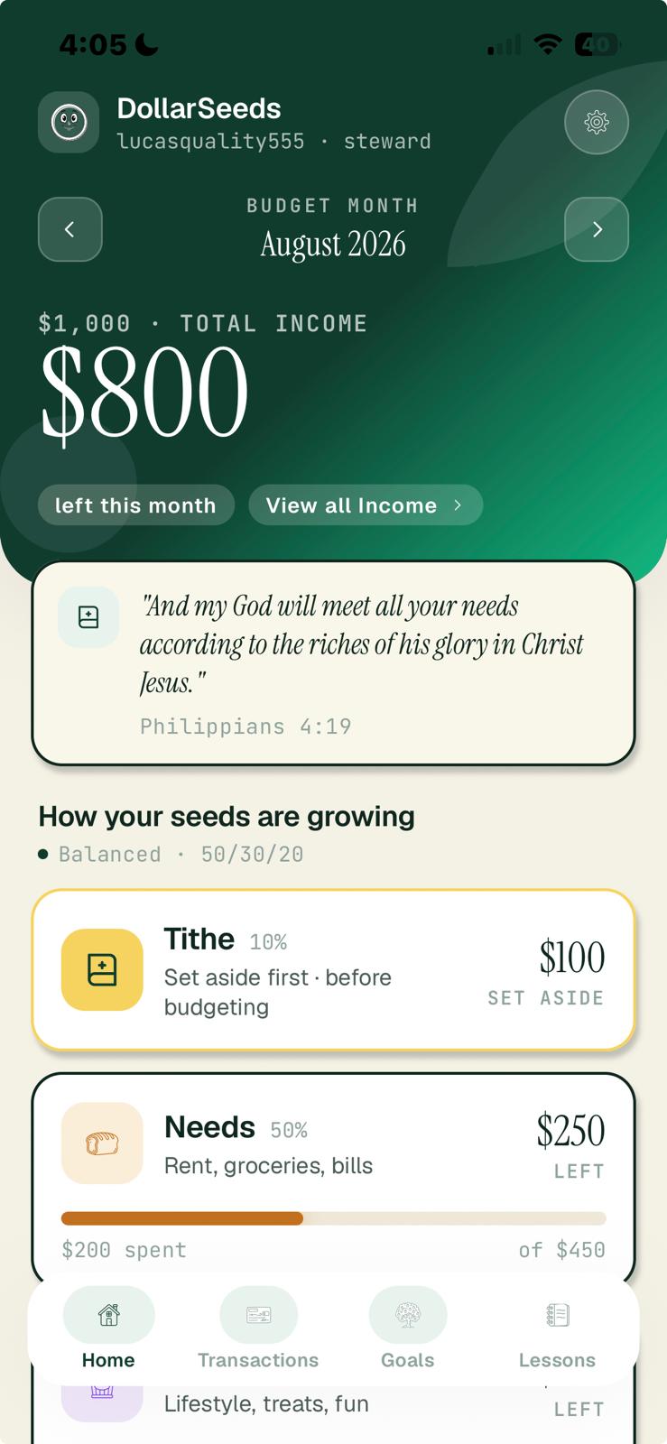 DollarSeeds dashboard on iPhone showing money left this month, a Budget Health score, a Bible verse card, and Needs, Wants, and Savings progress bars