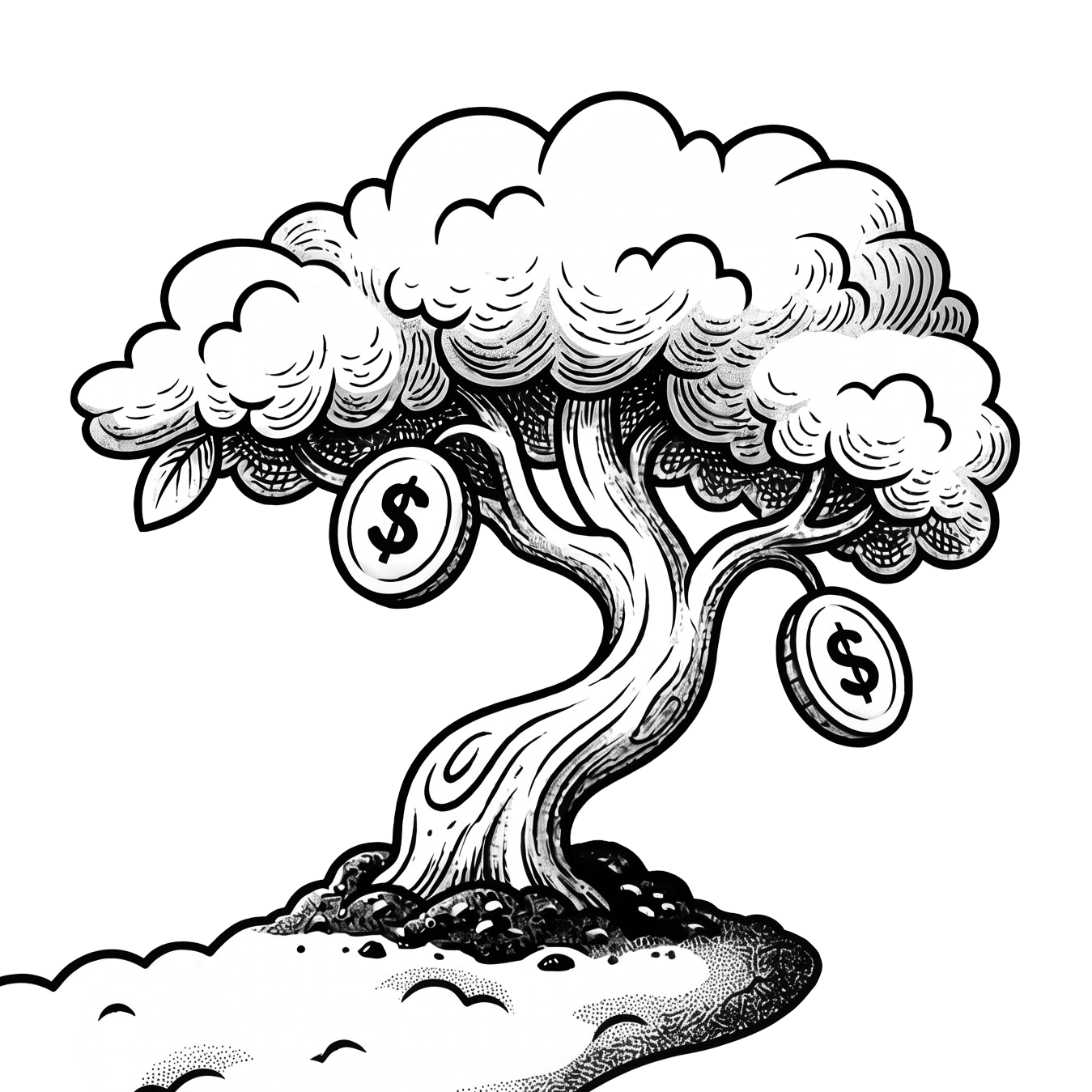 Black-and-white cartoon money tree in the DollarSeeds logo style: a cloud-like canopy bearing dollar-coin fruit, growing from a mound of soil